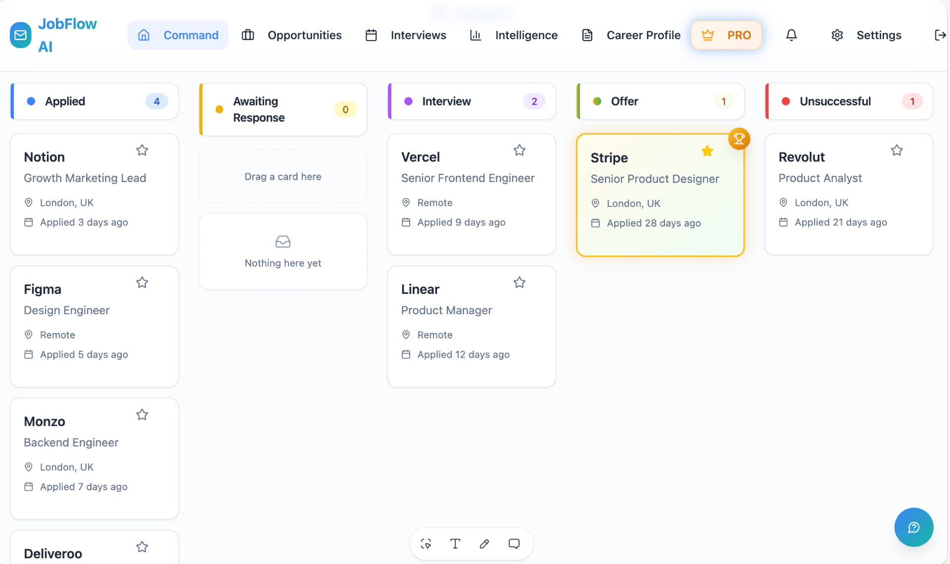 JobFlow pipeline Kanban with Applied, Interview and Offer columns