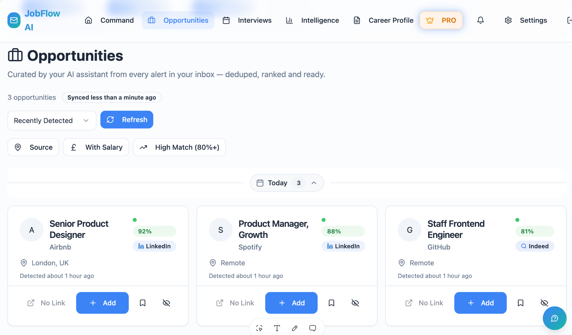 JobFlow Opportunities page with curated job cards and match scores