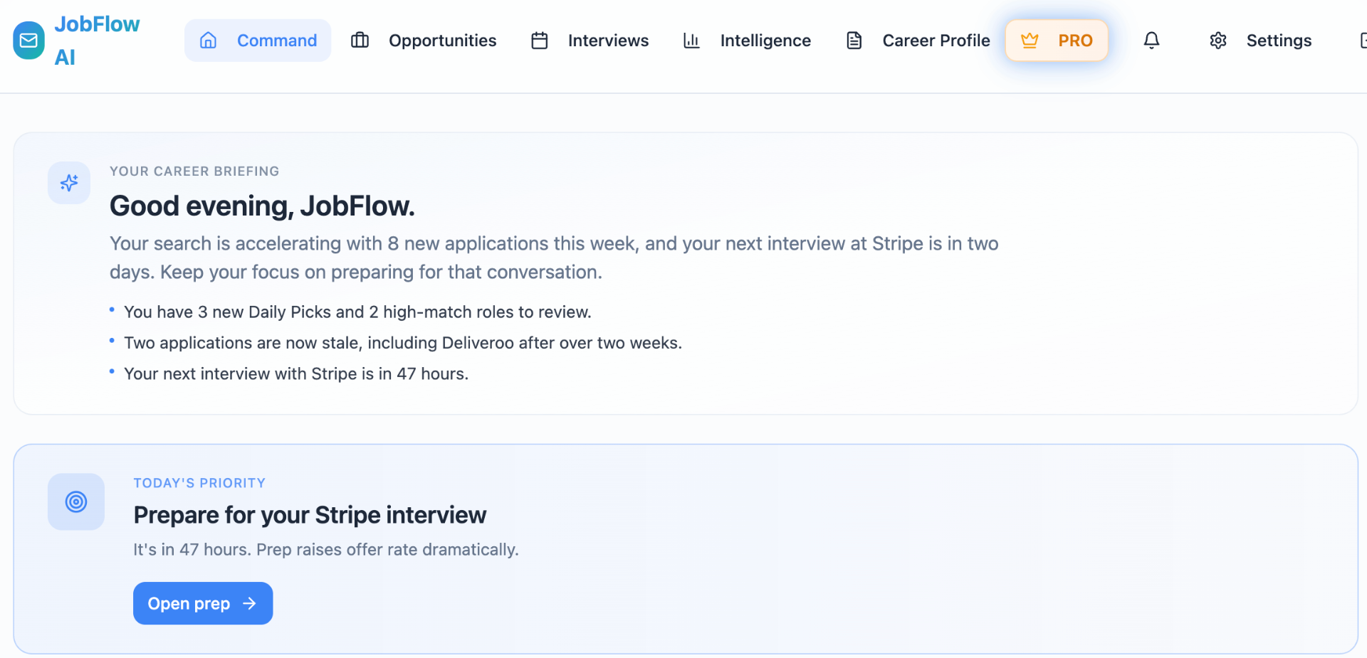 JobFlow AI Command Center showing the daily career briefing and today's priority card